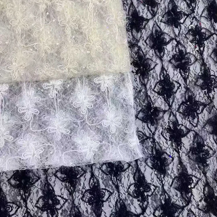 YX1201-1 130gsm Sexy Style Embroidered Black Tulle Fabric for Woman Clothing Mesh Custom Knitted Embroidery Fabric 1 Yard