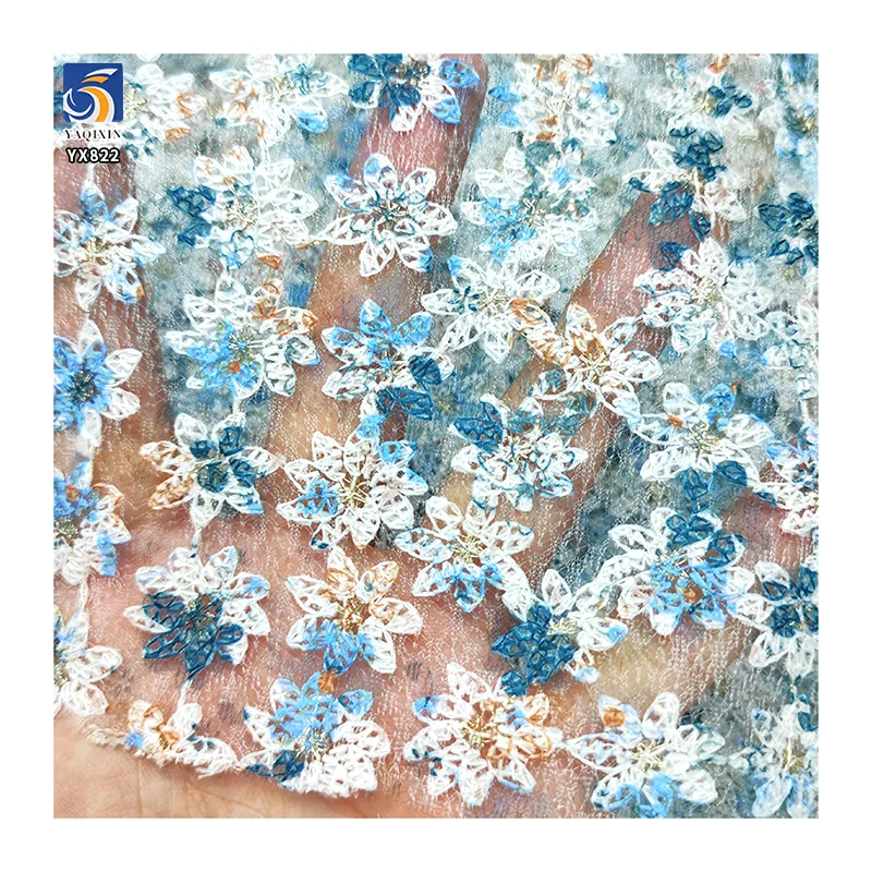 YX822 Latest Exclusive Designs Tulle Embroidery Printing Colorful Flowers Mesh Fabric 3D for Fashion Beautiful Skirt