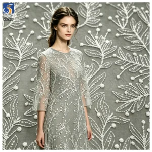 YX1517 Wholesale White Leaf Pattern Embroidered Tulle Fabric With 3mm Sequins for Gown Ladies Apparel