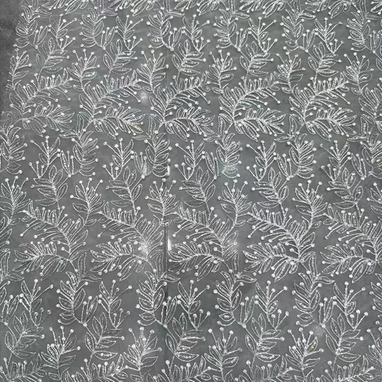YX1517 Wholesale White Leaf Pattern Embroidered Tulle Fabric With 3mm Sequins for Gown Ladies Apparel