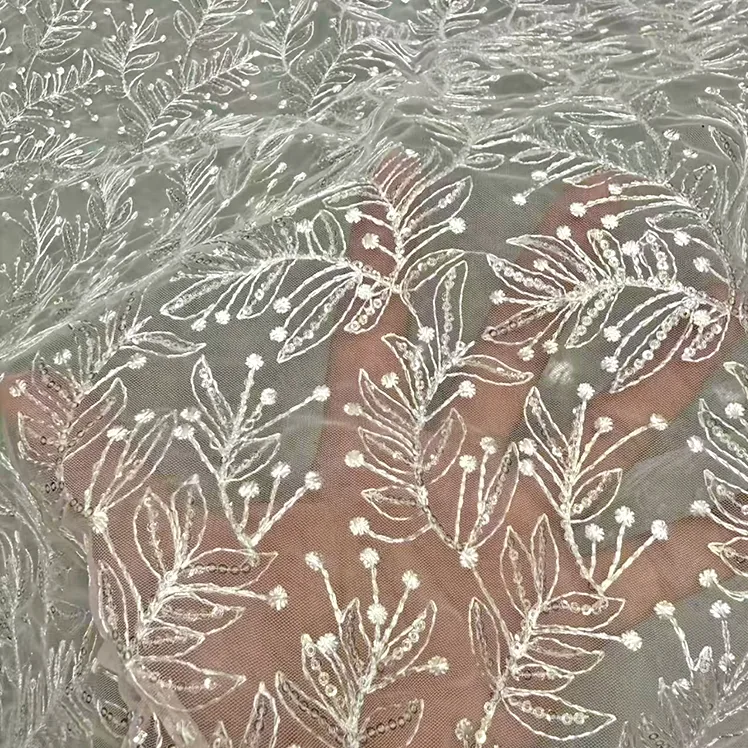 YX1517 Wholesale White Leaf Pattern Embroidered Tulle Fabric With 3mm Sequins for Gown Ladies Apparel