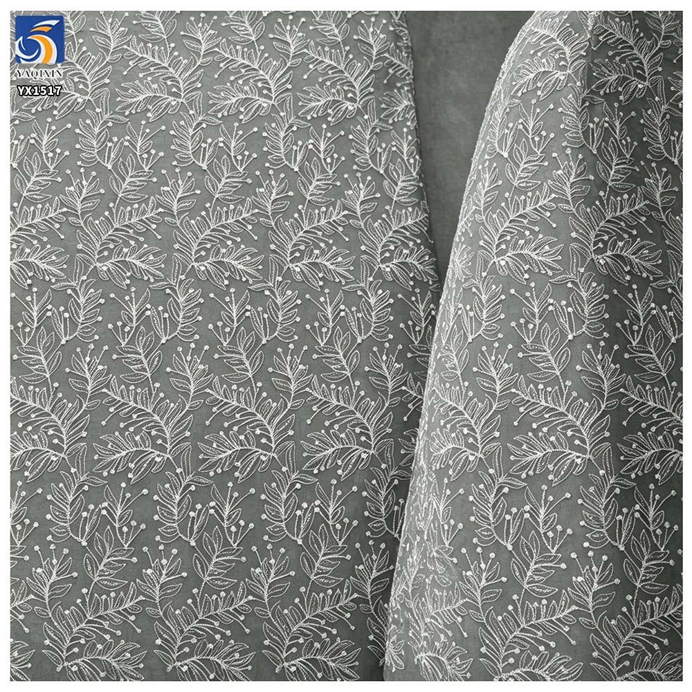 YX1517 Wholesale White Leaf Pattern Embroidered Tulle Fabric With 3mm Sequins for Gown Ladies Apparel