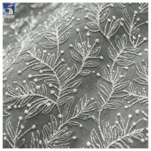 YX1517 Wholesale White Leaf Pattern Embroidered Tulle Fabric With 3mm Sequins for Gown Ladies Apparel