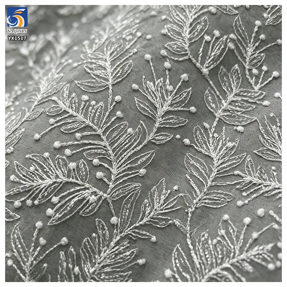 YX1517 Wholesale White Leaf Pattern Embroidered Tulle Fabric With 3mm Sequins for Gown Ladies Apparel