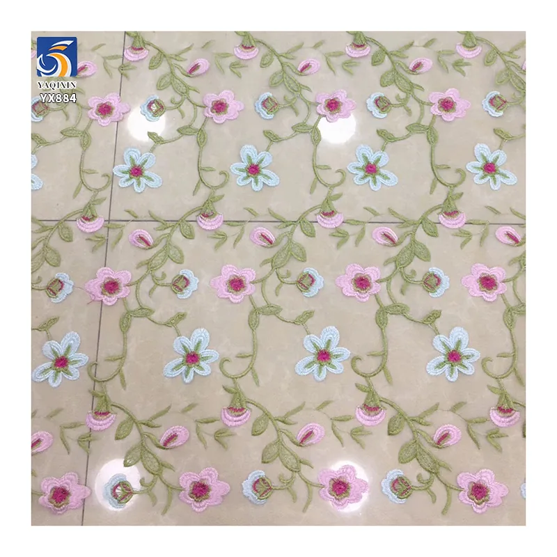 YX884 Fast Shipping Polyester Multi-color Morning Glory Embroidered Tulle Fabric Embroidery Floral Purple Mesh Fabric for Woman