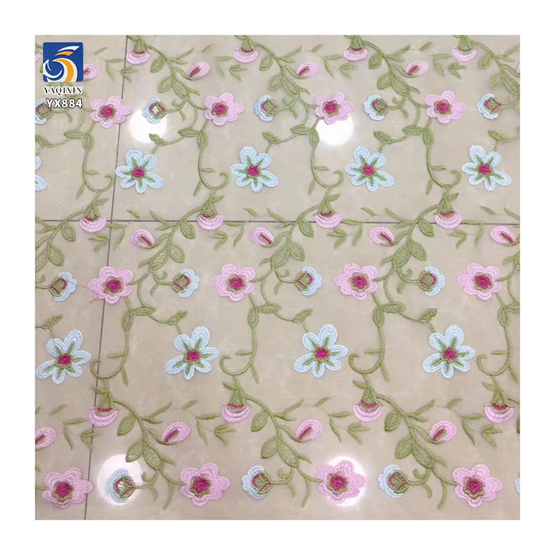 YX884 Fast Shipping Polyester Multi-color Morning Glory Embroidered Tulle Fabric Embroidery Floral Purple Mesh Fabric for Woman