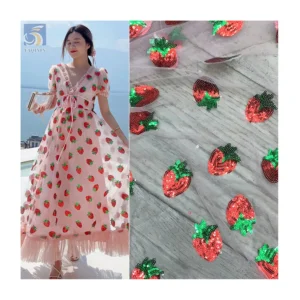 Lovely Strawberry Embroidery Tulle Fabric Sequin Tulle Strawberry Sequin Embroidered Mesh Fabric