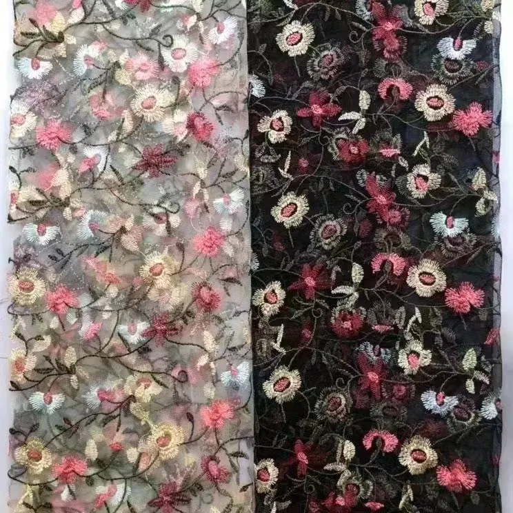 YX505 New Design Pink White Floral Polyester Mesh Colorful Embroidery Tulle Fabric