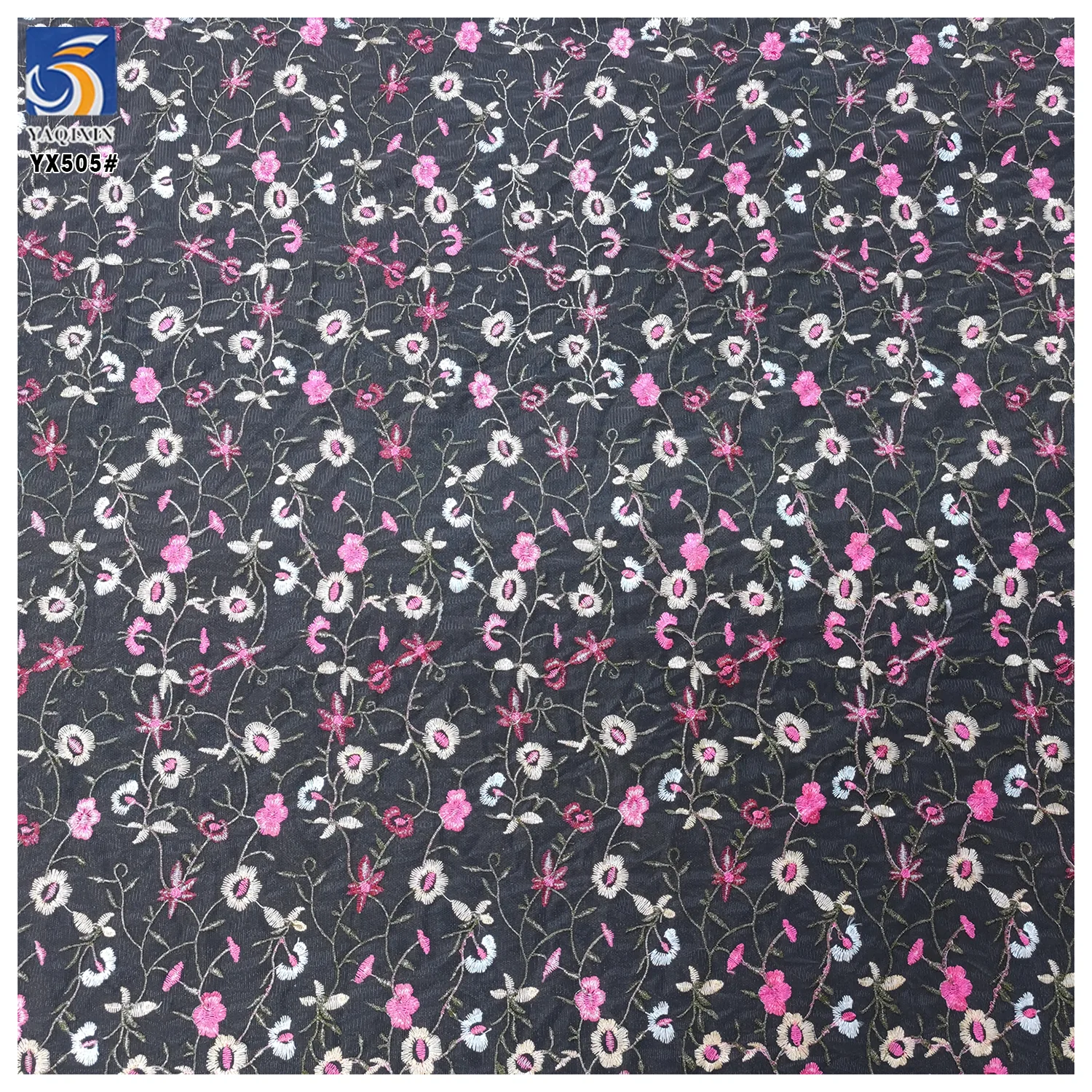 YX505 New Design Pink White Floral Polyester Mesh Colorful Embroidery Tulle Fabric