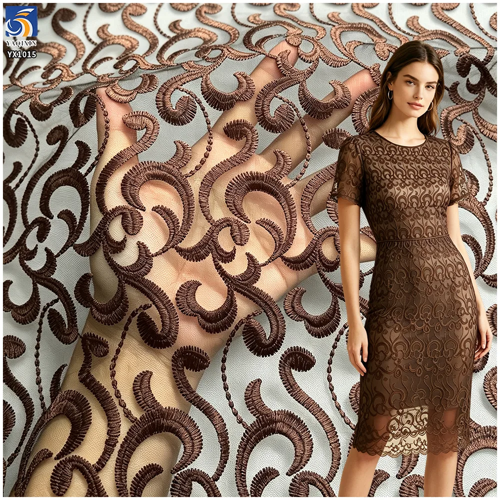 YX1015 High-End Luxury Style Embroidered Tulle Fabric Polyester Wave Design Tulle Embroidery Mesh Fabric for Party Skirts