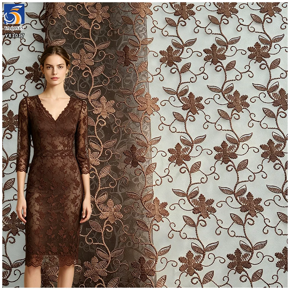 YX1017 Light Apricot Polyester Embroidered Florals Chinese Tulle Fabrics 3-Day Custom Embroidered Mesh Fabrics by 300 Yards