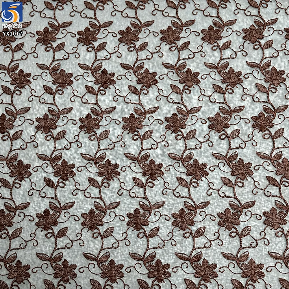 YX1017 Light Apricot Polyester Embroidered Florals Chinese Tulle Fabrics 3-Day Custom Embroidered Mesh Fabrics by 300 Yards