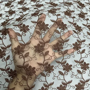 YX1017 Light Apricot Polyester Embroidered Florals Chinese Tulle Fabrics 3-Day Custom Embroidered Mesh Fabrics by 300 Yards