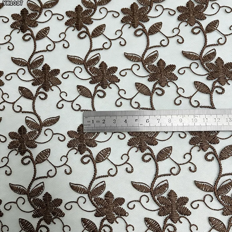 YX1017 Light Apricot Polyester Embroidered Florals Chinese Tulle Fabrics 3-Day Custom Embroidered Mesh Fabrics by 300 Yards