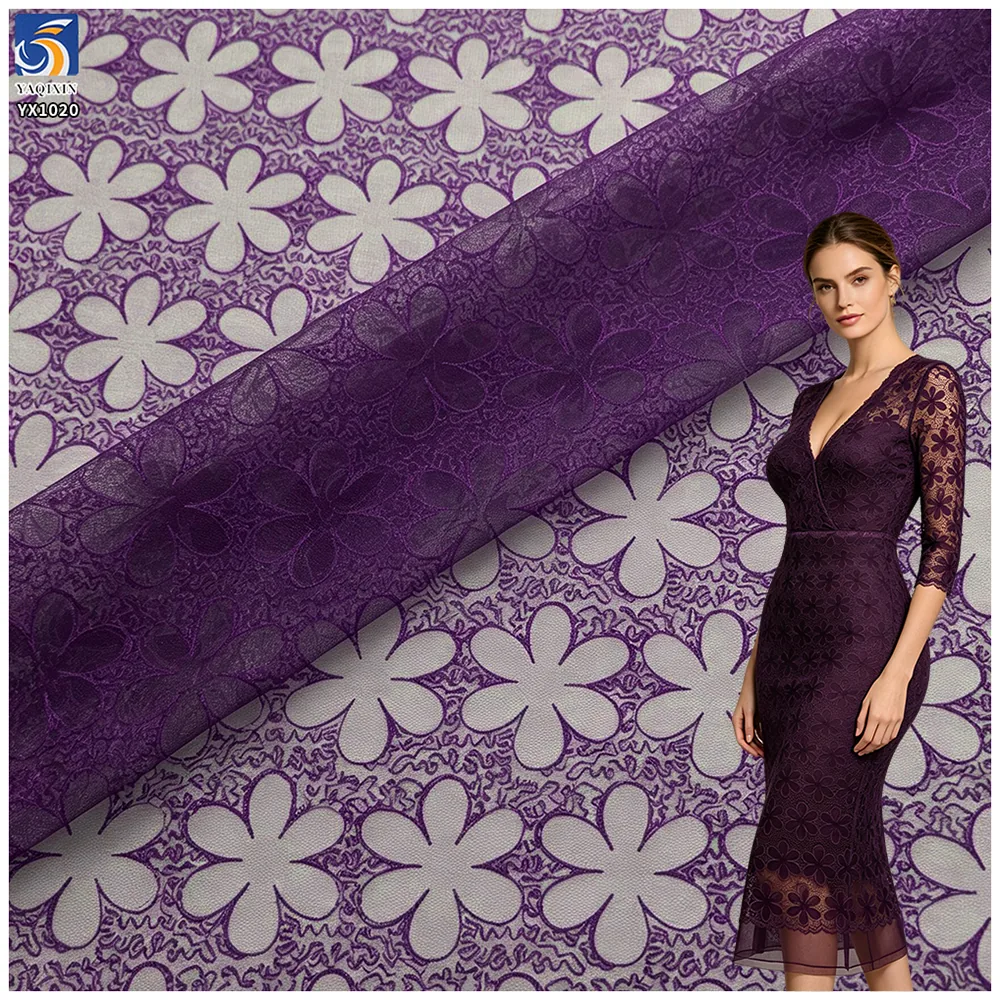 YX1020 2026 Classic Style Blue, Purple and Multi-Colored Large Flower Embroidered Tulle Fabrics Embroidered Skirts Mesh Fabric