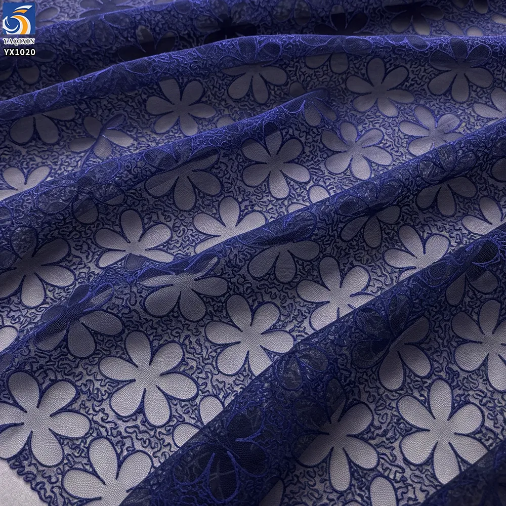 YX1020 2026 Classic Style Blue, Purple and Multi-Colored Large Flower Embroidered Tulle Fabrics Embroidered Skirts Mesh Fabric