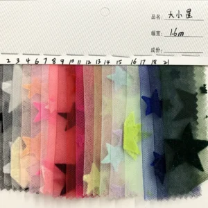 YX1113 High Quality 40g Lightweight Pink Tulle Flocking Five-Pointed Stars Fabric Stars Mesh Tulle Fabric for Girls Skirts