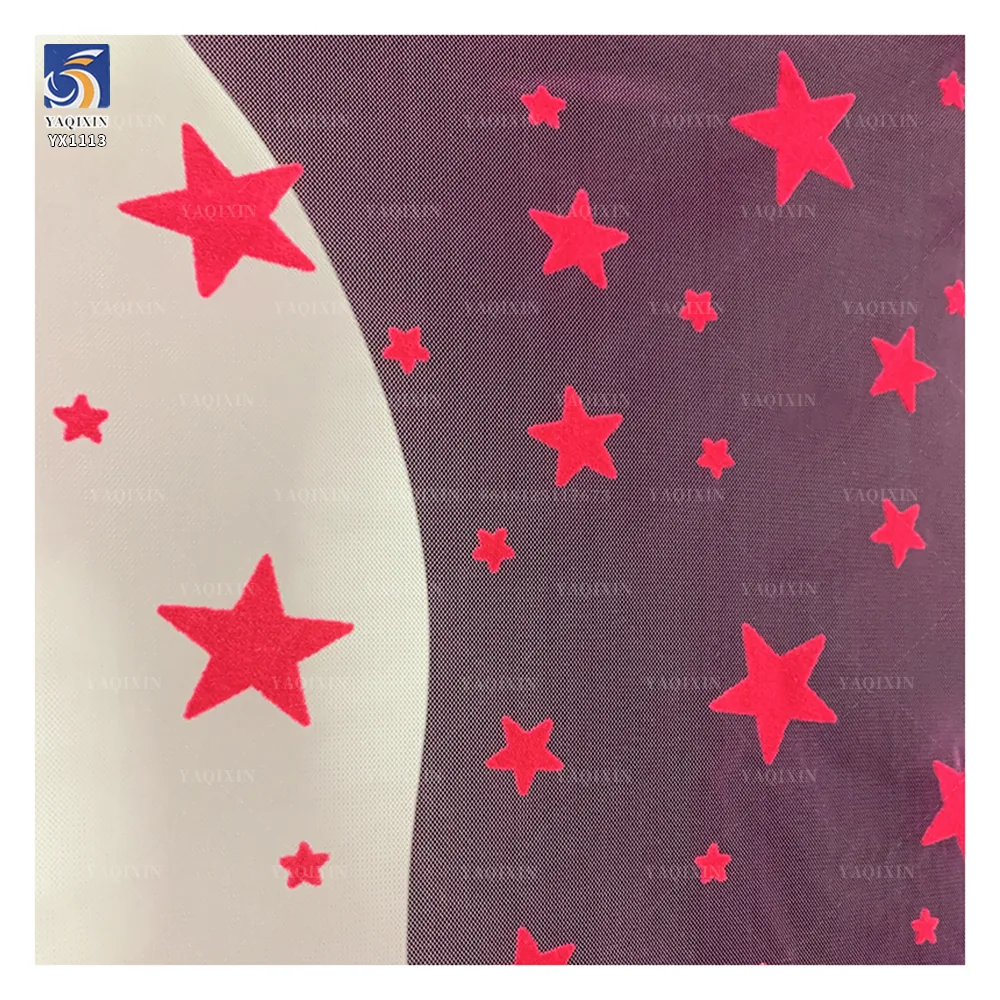 YX1113 High Quality 40g Lightweight Pink Tulle Flocking Five-Pointed Stars Fabric Stars Mesh Tulle Fabric for Girls Skirts