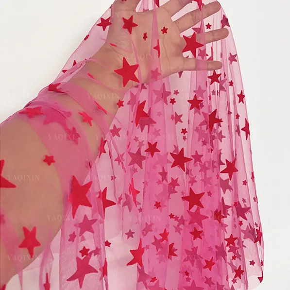 YX1113 High Quality 40g Lightweight Pink Tulle Flocking Five-Pointed Stars Fabric Stars Mesh Tulle Fabric for Girls Skirts
