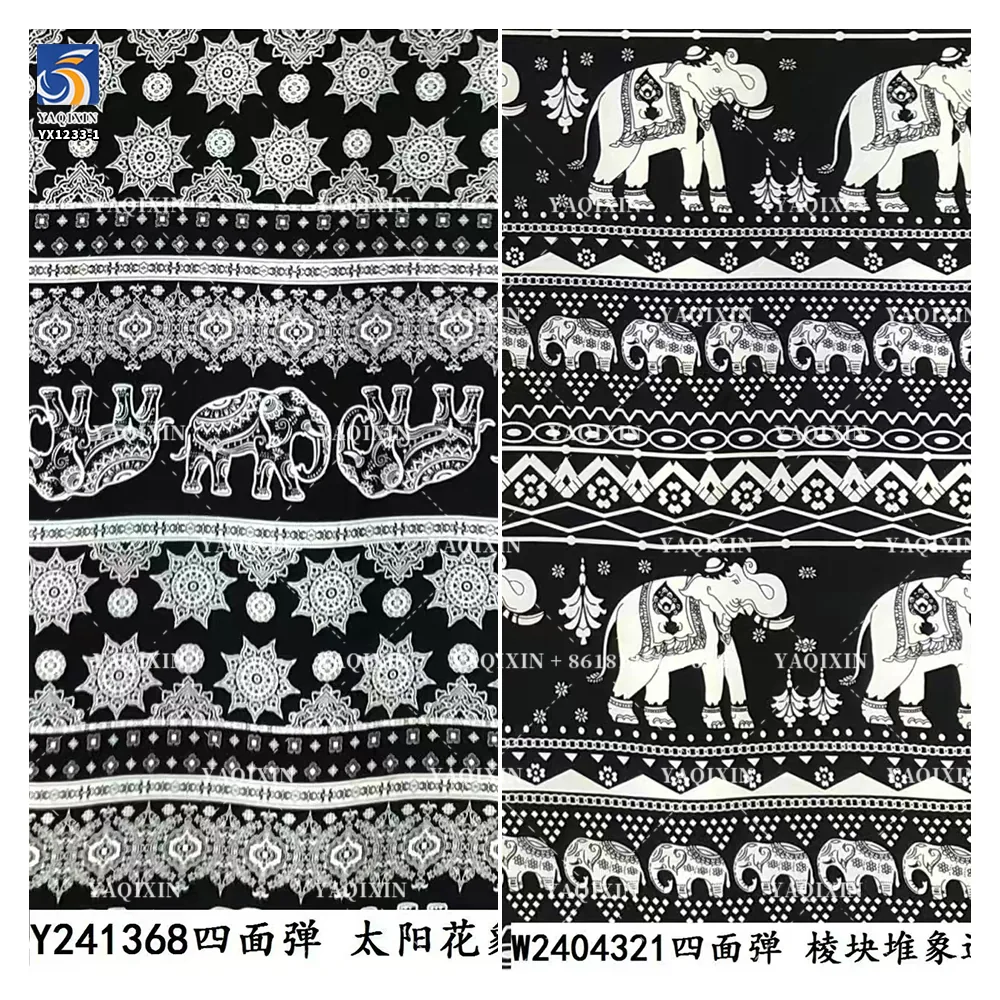 YX1233-1 Custom 100D Chiffon 4 Way Stretch Polyester Print Fabric African Tribal Totem Animal Elephant Pattern Print Fabric