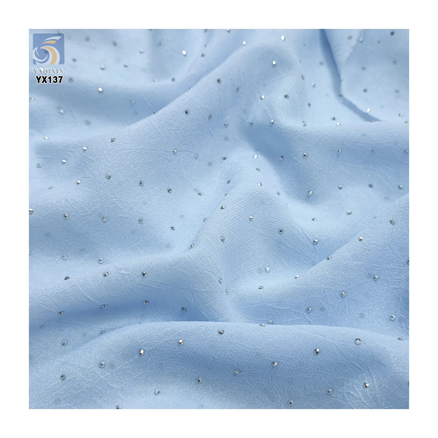 High Quality 75D 110gsm Pearl Crepe Chiffon Polyester Fabric With Crystal Diamond Embroidery by the Yards