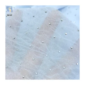 High Quality 75D 110gsm Pearl Crepe Chiffon Polyester Fabric With Crystal Diamond Embroidery by the Yards