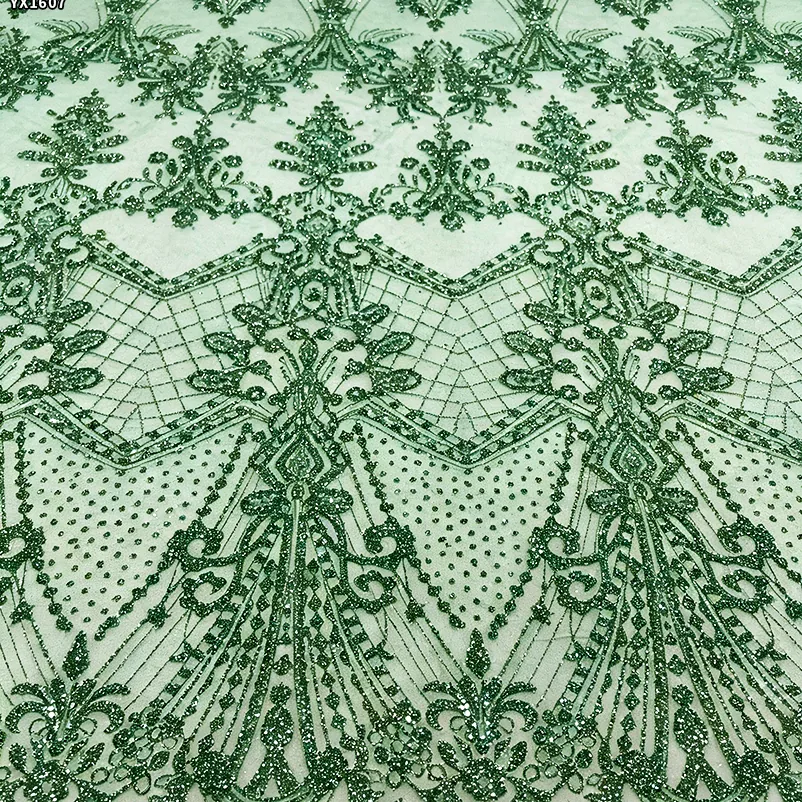 YX1607 Green Glitter Sequin Lace Fabric Decorative Embroidery Mesh for Wedding and Evening Dress