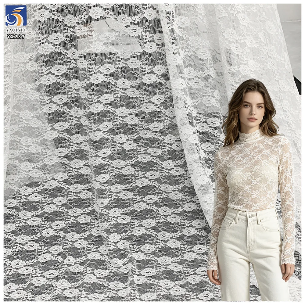YX287 2025 Fashion Women's White Lace Stockings Underwear Spandex Nylon Floral White Stretch Lace Jacquard Fabric