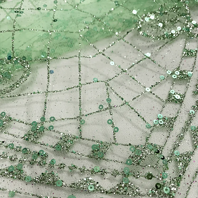 YX1607 Green Glitter Sequin Lace Fabric Decorative Embroidery Mesh for Wedding and Evening Dress
