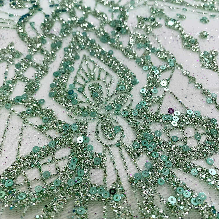 YX1607 Green Glitter Sequin Lace Fabric Decorative Embroidery Mesh for Wedding and Evening Dress