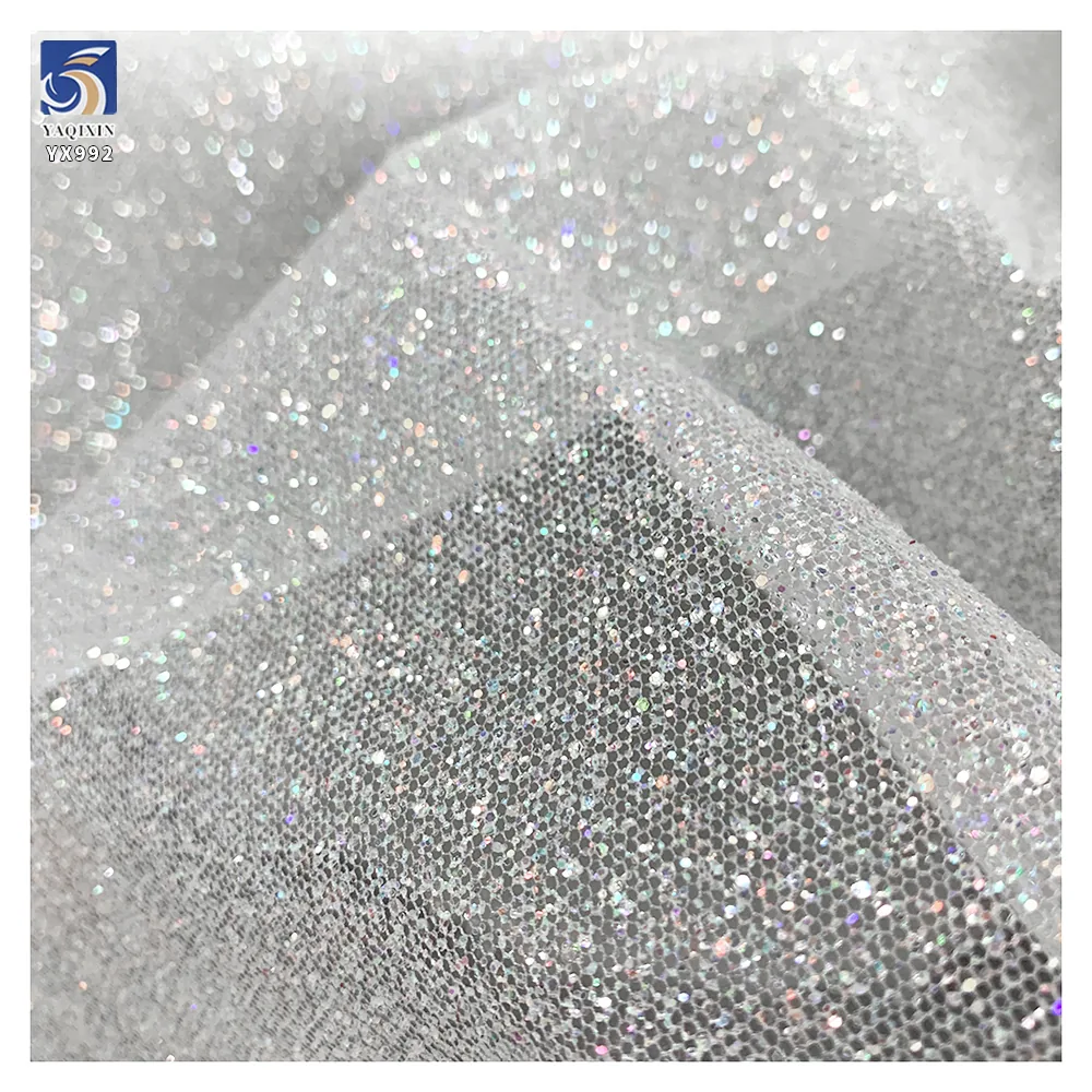 YX992 2026 Holographic Super White Dust Glitter Tulle Fabric Soft Flash Spark Glitter Mesh Wedding Bride Fabrics Wedding