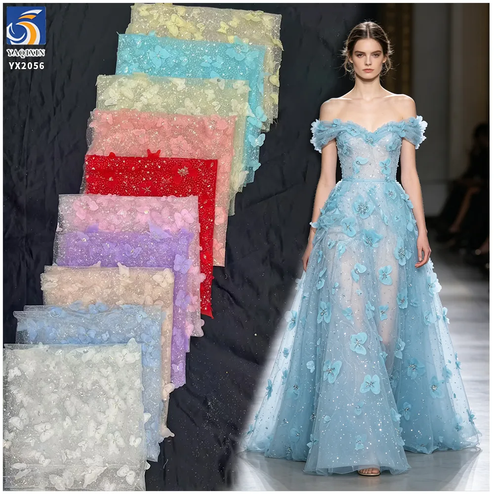 YX2056 2025 New 3D Butterfly Flower Bead Embroidery Tulle Fabric With Sequin Fashion Lace Fabric  for Wedding