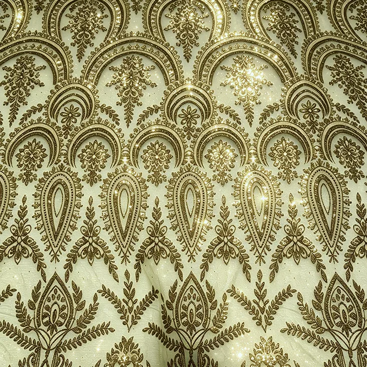 YX1608 Wholesale Sequin Embroidery Knit Lace Fabric Glitter Mesh Material for Chinese Bridal and Evening Dresses