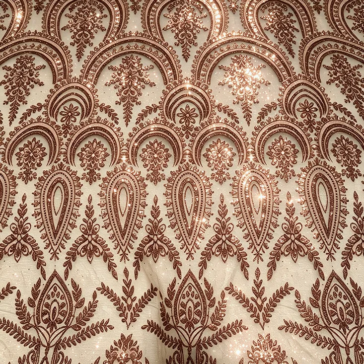 YX1608 Wholesale Sequin Embroidery Knit Lace Fabric Glitter Mesh Material for Chinese Bridal and Evening Dresses