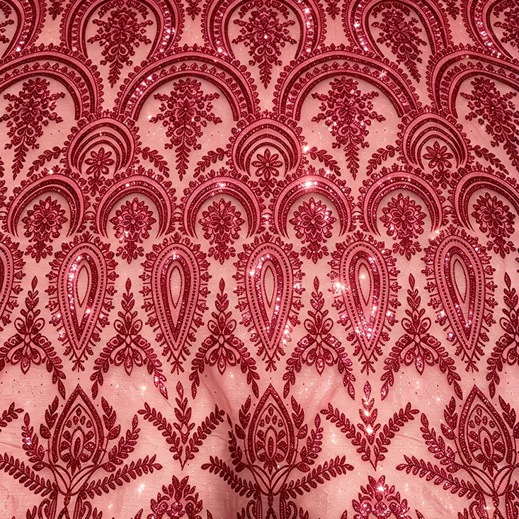 YX1608 Wholesale Sequin Embroidery Knit Lace Fabric Glitter Mesh Material for Chinese Bridal and Evening Dresses