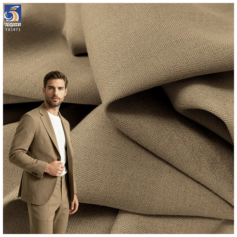YX1471 350gsm Polyester Linen Blend Herringbone Twill Stretch Suiting Fabric for Men Blazers Trousers and Business Apparel