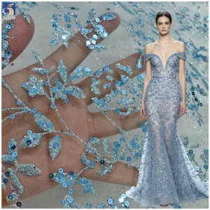 YX1610 Light Blue Floral Vine Sequin Lace Fabric Glitter Embroidered Mesh for Bridal Gown Evening Dress