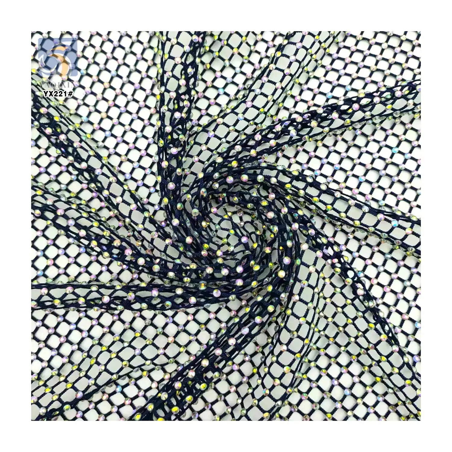 YX221 Wholesale 130gsm Polyester Net Mesh Glitter 3D Rhinestone Fabric