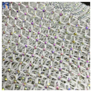 YX1194 2026 New Hot 3D Colored Brilliant Diamonds Stones Stretch Net Mesh Fabric Wholesale by Roll for Dance Skirt