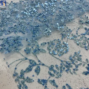 YX1610 Light Blue Floral Vine Sequin Lace Fabric Glitter Embroidered Mesh for Bridal Gown Evening Dress