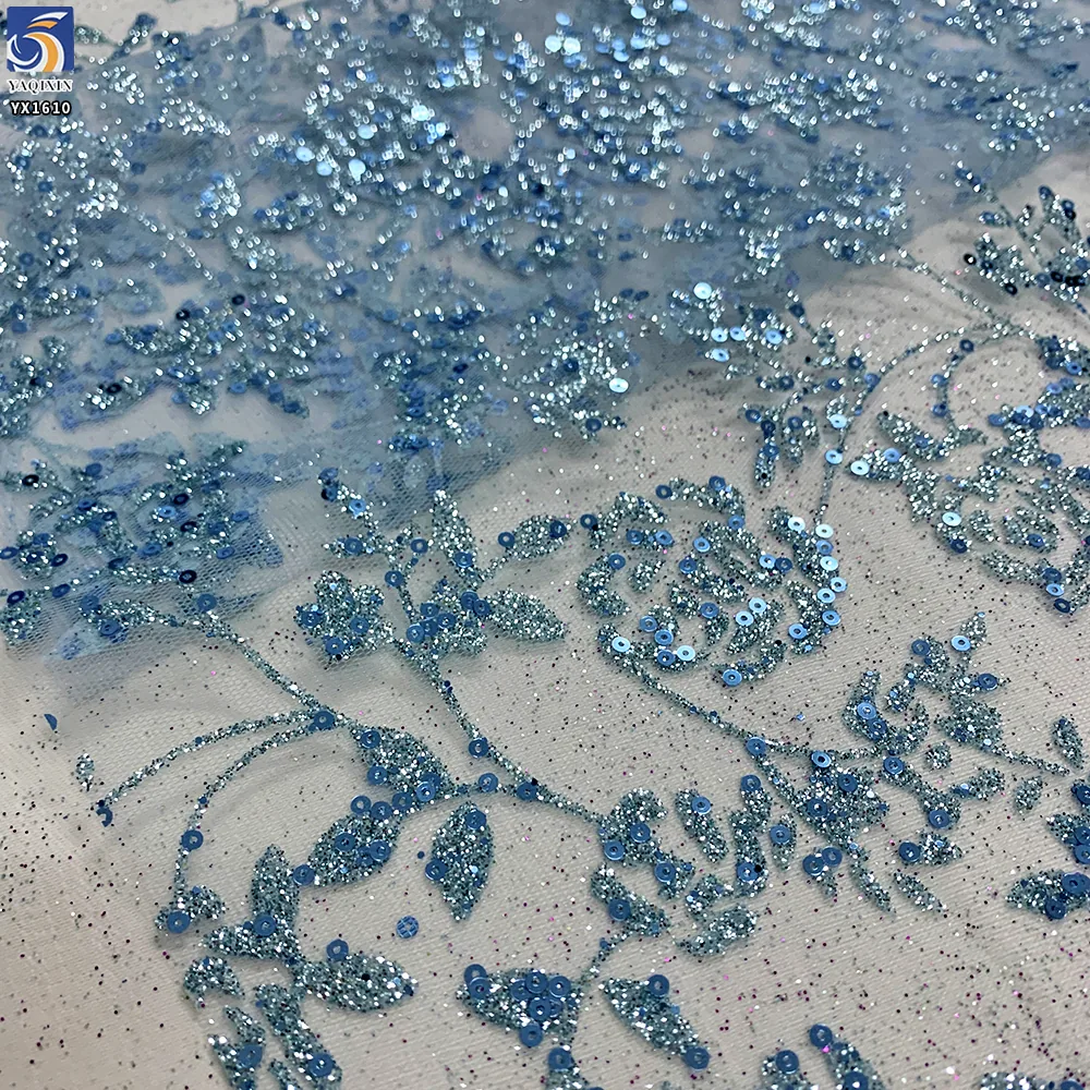 YX1610 Light Blue Floral Vine Sequin Lace Fabric Glitter Embroidered Mesh for Bridal Gown Evening Dress