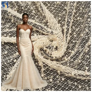 YX1535 Custom Heavy 3D Pearl Beaded Sequin Mesh Lace Fabric 400gsm Decorative Tulle Material for Bridal Wedding Dresses