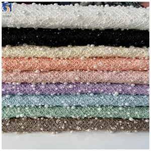 YX1535 Custom Heavy 3D Pearl Beaded Sequin Mesh Lace Fabric 400gsm Decorative Tulle Material for Bridal Wedding Dresses
