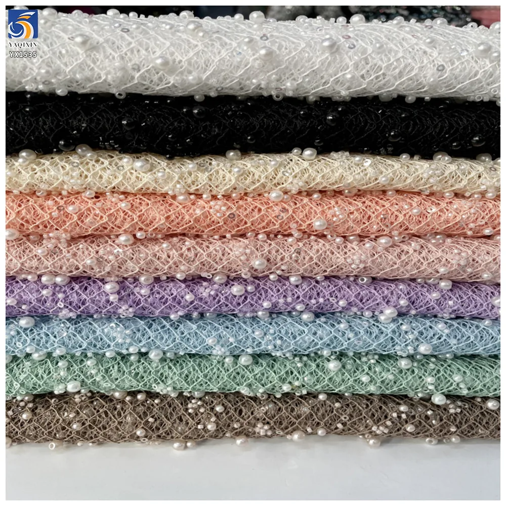 YX1535 Custom Heavy 3D Pearl Beaded Sequin Mesh Lace Fabric 400gsm Decorative Tulle Material for Bridal Wedding Dresses