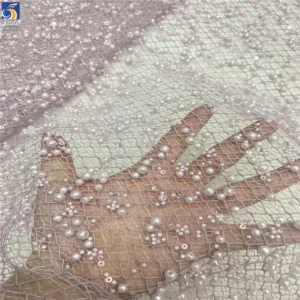 YX1535 Custom Heavy 3D Pearl Beaded Sequin Mesh Lace Fabric 400gsm Decorative Tulle Material for Bridal Wedding Dresses
