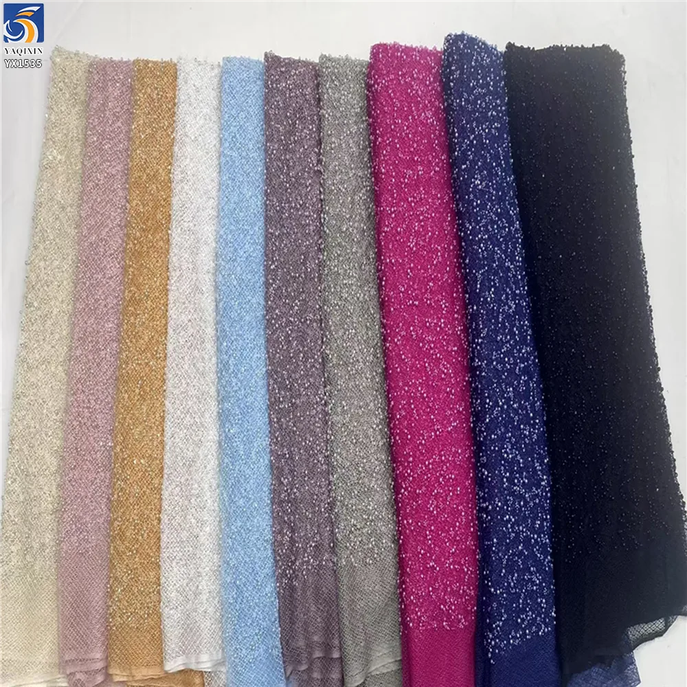 YX1535 Custom Heavy 3D Pearl Beaded Sequin Mesh Lace Fabric 400gsm Decorative Tulle Material for Bridal Wedding Dresses
