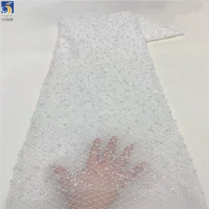 YX1535 Custom Heavy 3D Pearl Beaded Sequin Mesh Lace Fabric 400gsm Decorative Tulle Material for Bridal Wedding Dresses