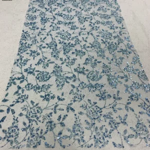 YX1610 Light Blue Floral Vine Sequin Lace Fabric Glitter Embroidered Mesh for Bridal Gown Evening Dress