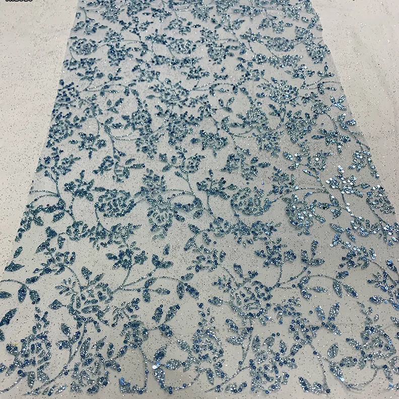 YX1610 Light Blue Floral Vine Sequin Lace Fabric Glitter Embroidered Mesh for Bridal Gown Evening Dress