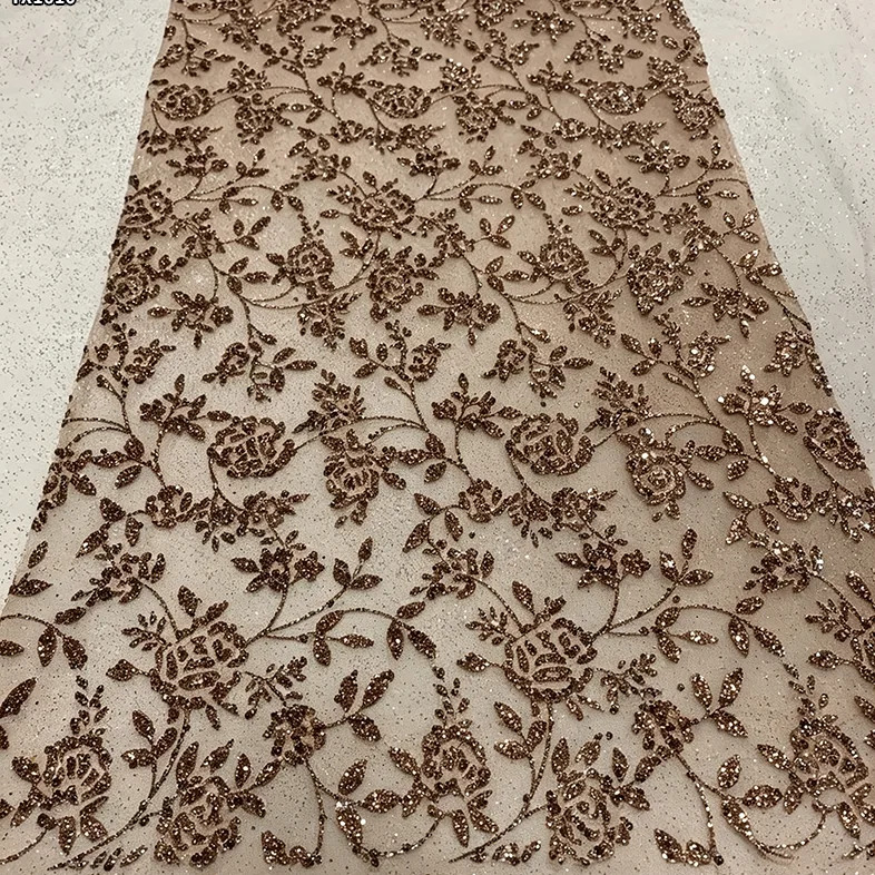 YX1610 Light Blue Floral Vine Sequin Lace Fabric Glitter Embroidered Mesh for Bridal Gown Evening Dress